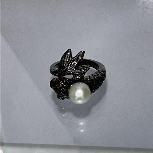 NWOT Gunmetal Plate Sterling Silver Koi Fish Ring With Genuine Pearl Boho - Picture 2 of 8